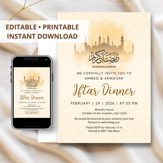 Invitation Dîner d'Iftar à silhouette dorée de mosquée géomét (Créateur téléchargé)