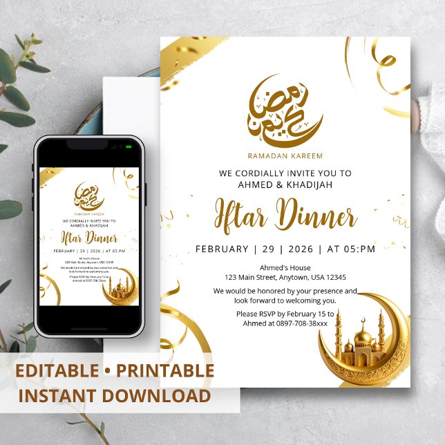 Invitation Dîner d'Iftar de Ramadan Croissant d'Or Festif (Créateur téléchargé)