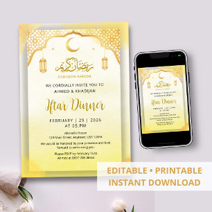 Invitation Dîner d'Iftar doré à motif islamique traditionnel