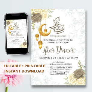 Invitation Dîner d'Iftar Fleuris Gris Douceur Esthétique de R