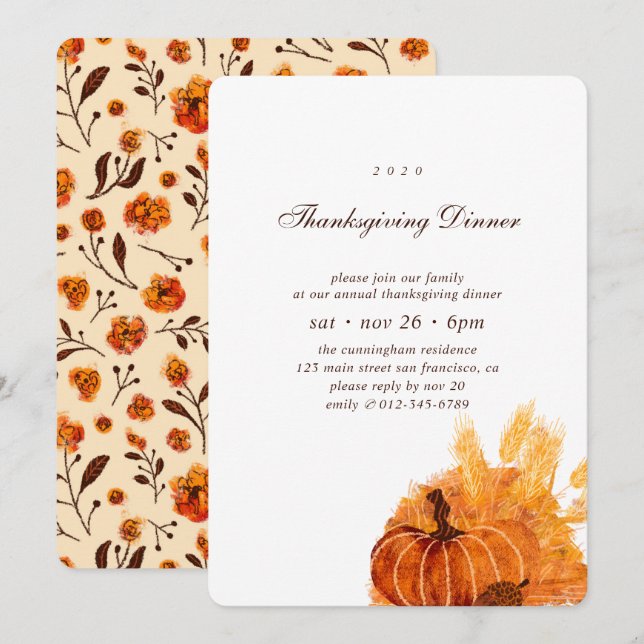 Invitation Dîner d'Motif moderne à fleurs Citrouilles (Devant / Derrière)