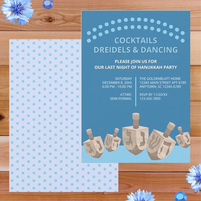 Invitation Dîner Dreidel Rustic Oak Cute Hanoukka (So easy to personalize, these dreidel Hanukkah party invitations will announce your event in style)