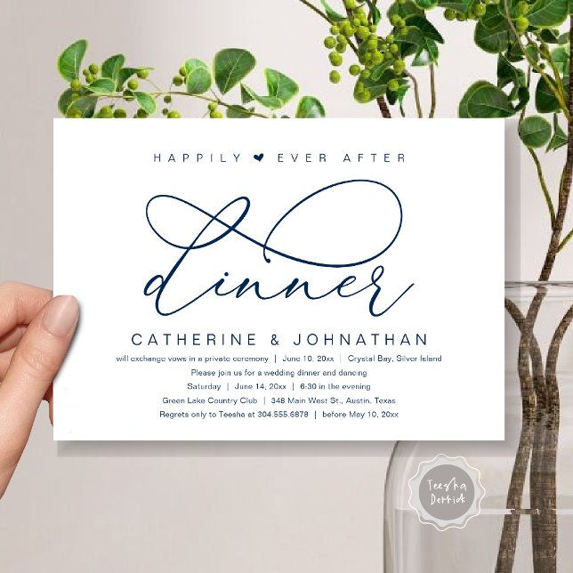 Invitation Dîner du bonheur éternel, fête romantique moderne (Happily Ever After Dinner Party, Modern Romantic Wedding  Invitation Card, PDF, Classy Navy Blue)