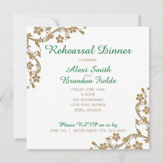 Invitation Dîner du Mariage Emerald et Gold Rehersal