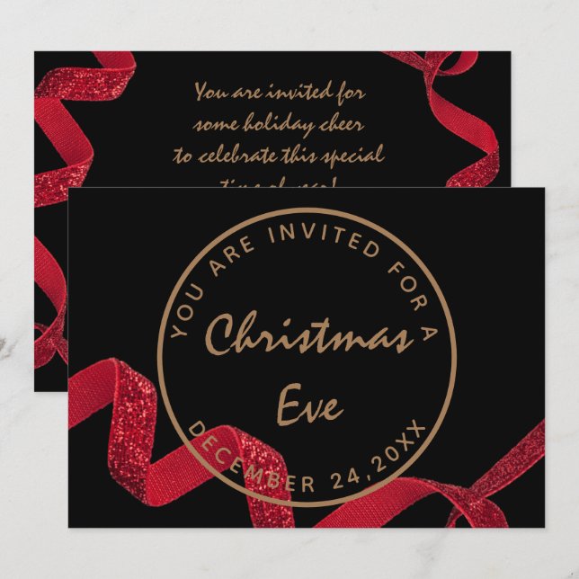 Invitation Dîner du Réveillon de Noël Hiver Rouge Noir (Devant / Derrière)