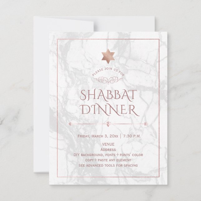 Invitation Dîner du Shabbat PixDezines Marbre + Or Rose (Dos)