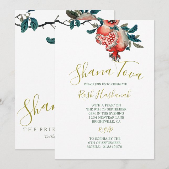 Invitation Dîner élégant de Nouvel An de Roch Hachana Grenade (Devant / Derrière)