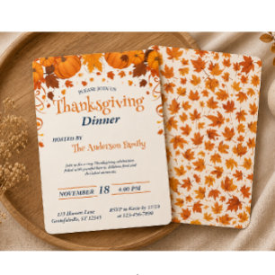 Invitation Dîner élégant de Thanksgiving Citrouille Feuilles