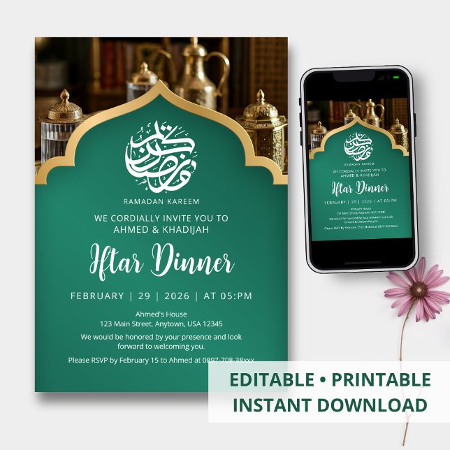 Invitation Dîner élégant d'Iftar de Ramadan Vert Or Arch (Créateur téléchargé)