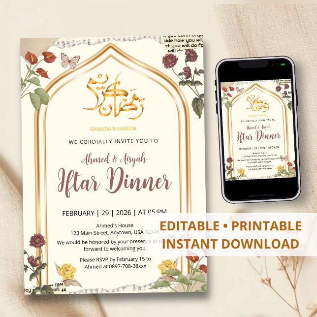 Invitation Dîner élégant d'Iftar floral avec arche dorée pour (Créateur téléchargé)