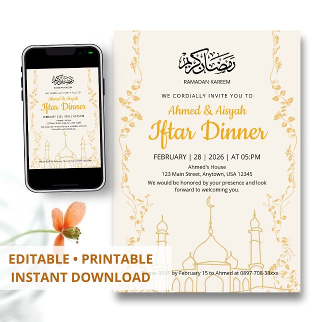 Invitation Dîner élégant d'Iftar pour Ramadan Kareem en or (Créateur téléchargé)