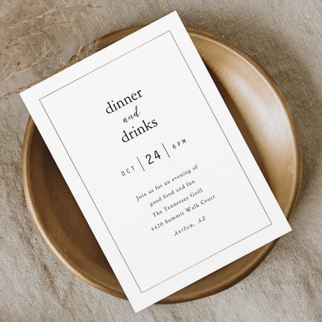 Invitation Dîner élégant moderne et entreprise de boissons (Elegant black and white dinner party invitation with simple gold frame and minimal typography.)