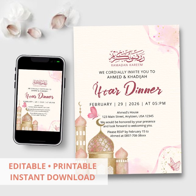Invitation Dîner élégant rose et or pour l'Iftar de Ramadan (Créateur téléchargé)