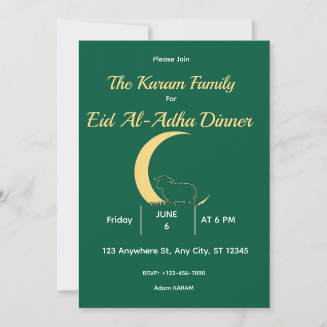 Invitation Dîner élégant vert et or pour l'Aïd al-Adha (Devant)