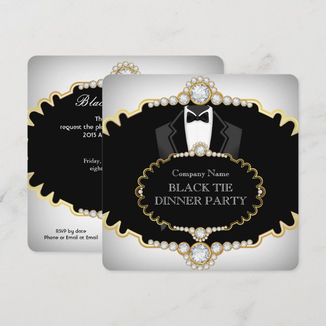 Invitation Dîner en smoking noir et blanc or blanc (Devant / Derrière)