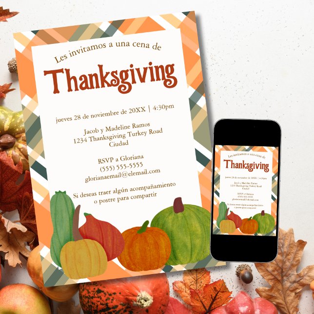 Invitation Dîner espagnol de Thanksgiving Orange Plaid d'Auto (Créateur téléchargé)