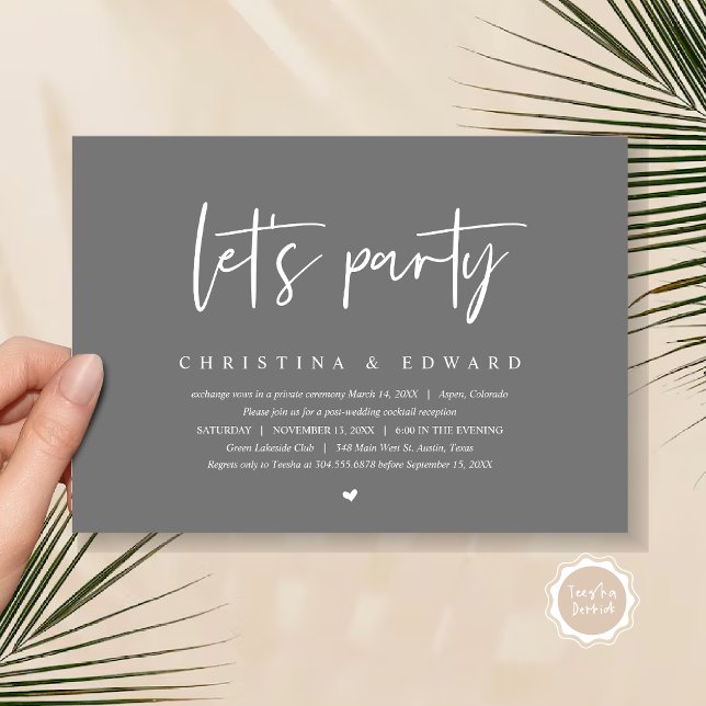 Invitation Dîner et danse mariage Elopement, Faisons la fête (Let's Party, Post Wedding Elopement Dinner and Party Celebration Invitation Card, in Dark Grey)