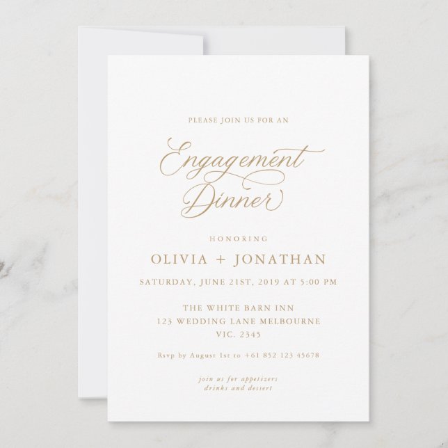 Invitation Dîner Fiançailles Gold Elegant Modern Calligraphy (Devant)