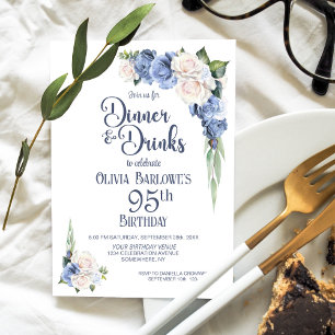 Invitation Dîner Floral Blanc Bleu et Boissons 95e anniversai