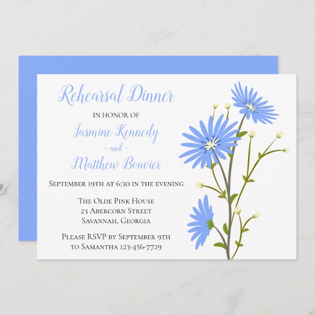 Invitation Dîner Floral Blue Rehearer Mariage Fleur Daisy (Devant / Derrière)