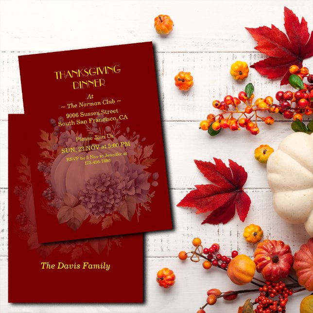 Invitation Dîner Floral de Citrouille de Thanksgiving Élégant (Créateur téléchargé)