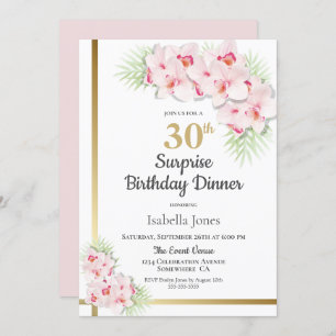 Invitation Dîner Floral rose et or Surprise 30e anniversaire