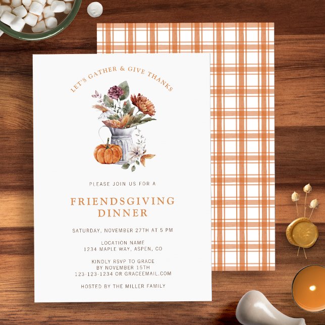 Invitation Dîner Friendsgiving (Chic and stylish Orange White Floral Friendsgiving Dinner invitation by Painted Paperie
)