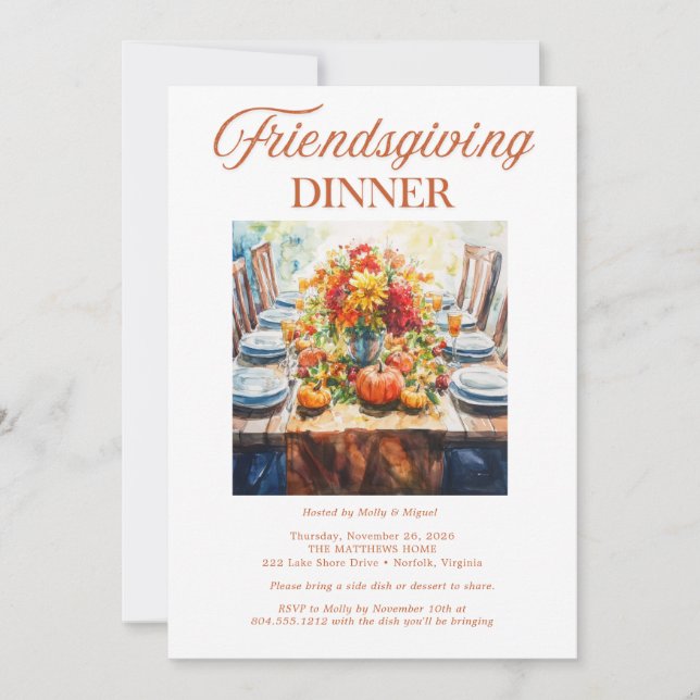 Invitation Dîner Friendsgiving aquarelle | Potluck d'automne  (Devant)