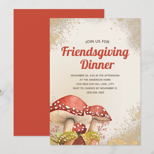 Invitation Dîner Friendsgiving automne rouge champignon doré (Devant / Derrière)