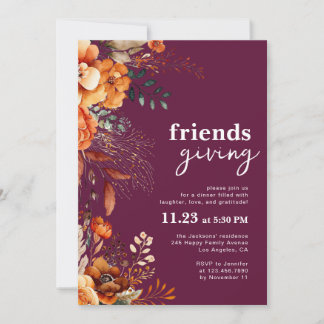 Invitation dîner Friendsgiving classe floral bordeaux