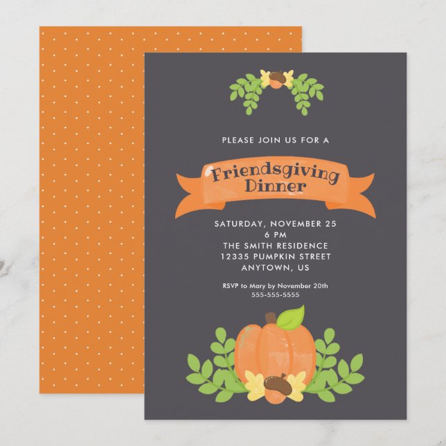 Invitation Dîner Friendsgiving de la citrouille d'automne (Devant / Derrière)