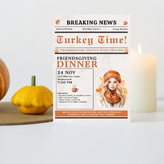 Invitation Dîner Friendsgiving de la fête de Thanksgiving d'a (Newspaper Friendsgiving Dinner Thanksgiving Fall Invitation simple minimalist pumpkin funny unique)