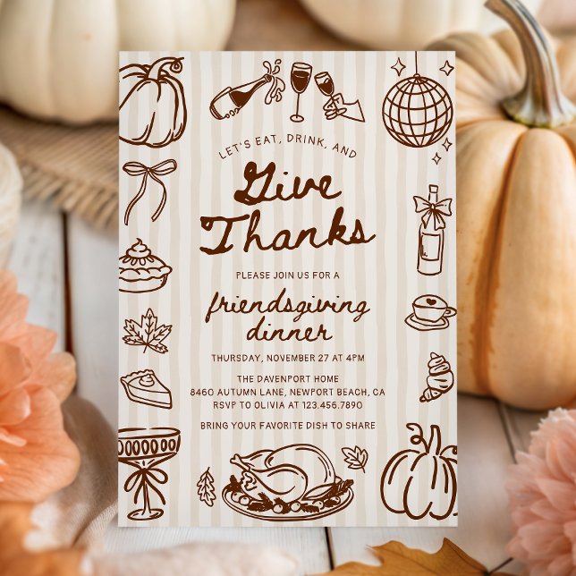 Invitation Dîner Friendsgiving Dessin à Main Levée Give Thank (Créateur téléchargé)