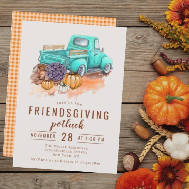 Invitation Dîner Friendsgiving Potluck Camion de Ferme Rustiq (Créateur téléchargé)