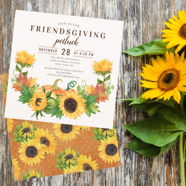 Invitation Dîner Friendsgiving Potluck Tournesol Citrouille (Créateur téléchargé)