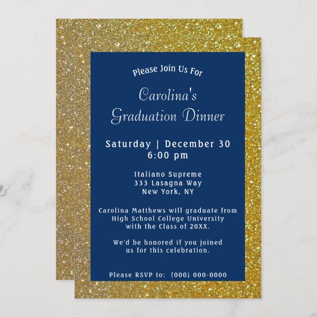 Invitation Dîner Gold Sparkle Bleu Graduation (Devant / Derrière)