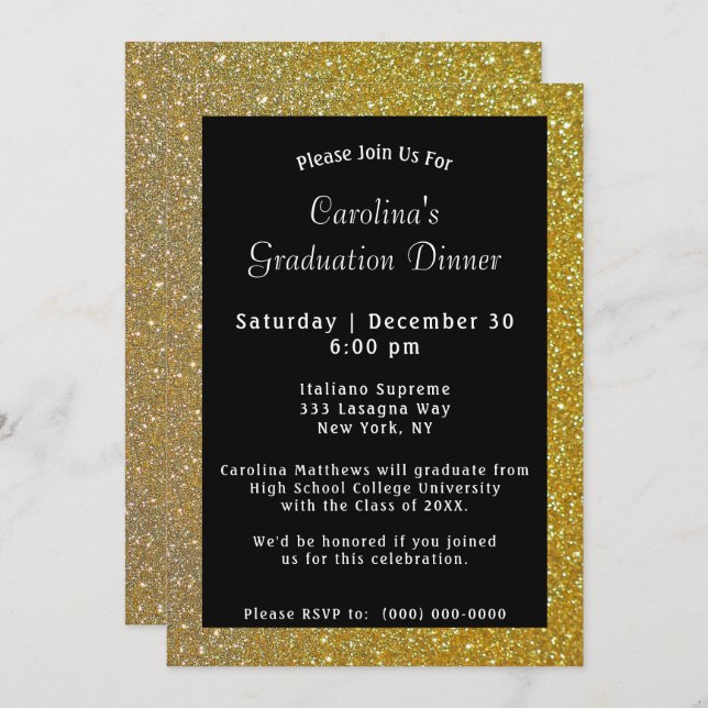 Invitation Dîner Gold Sparkle Graduation Noire (Devant / Derrière)