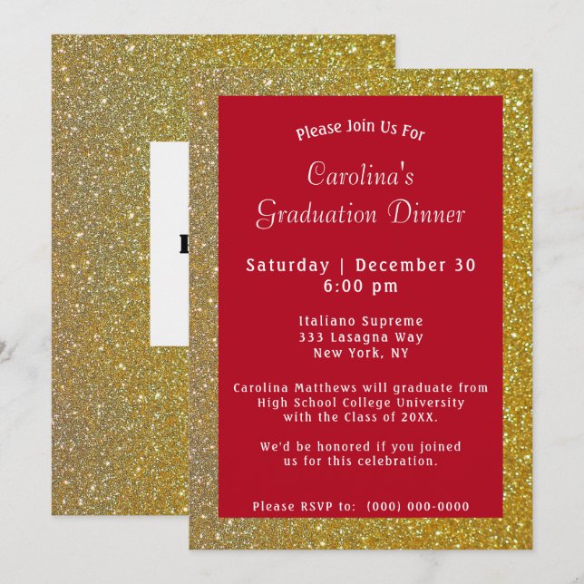 Invitation Dîner Gold Sparkle Graduation rouge (Devant / Derrière)