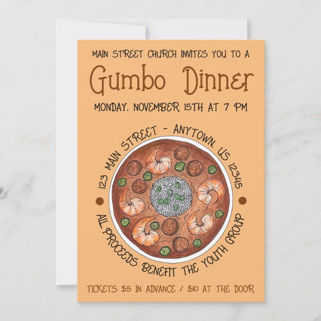 Invitation Dîner Gumbo Louisiane LA New Orleans NOLA Food (Devant)