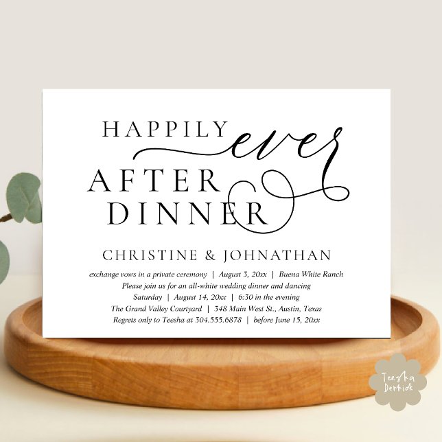 Invitation Dîner Heureux Pour Toujours, Mariage en Intime (Happily Ever After Dinner Invitation Card, Modern Wedding Party Romantic PDF in Black White)