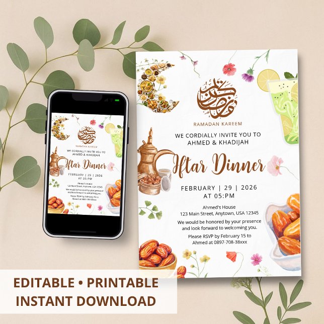 Invitation Dîner Iftar aquarelle florale Ramadan nourriture I (Créateur téléchargé)
