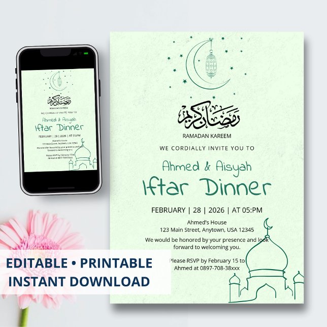 Invitation Dîner Iftar au croissant de la mosquée verte éléga (Créateur téléchargé)