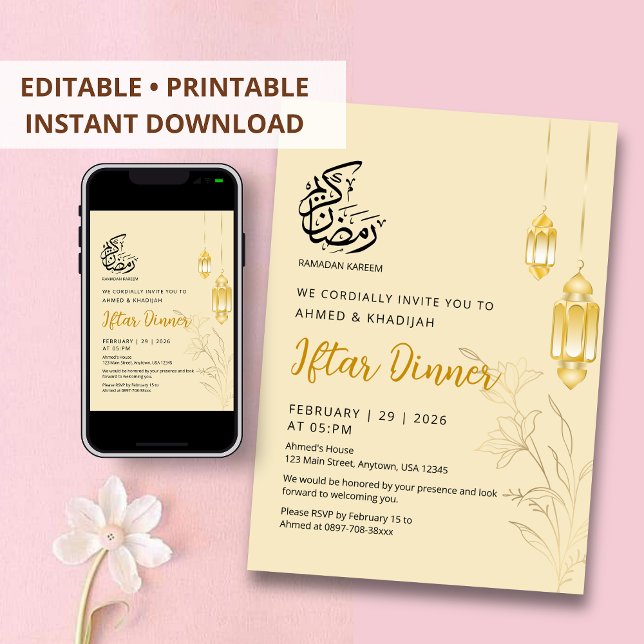 Invitation Dîner Iftar aux lanternes florales dorées de luxe  (Créateur téléchargé)