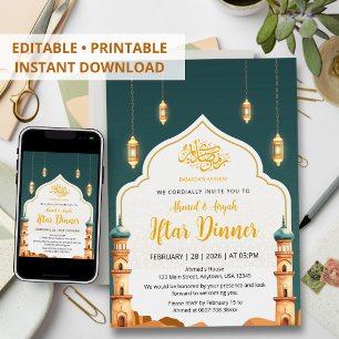 Invitation Dîner Iftar aux minarets de mosquée à l'aquarelle