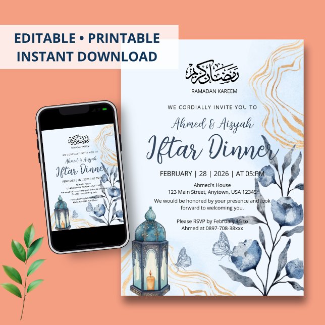 Invitation Dîner Iftar bleu floral et or à l'aquarelle modern (Créateur téléchargé)