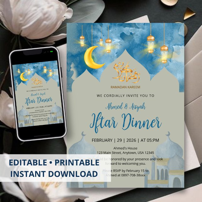 Invitation Dîner Iftar de la Mosquée à l'Aquarelle Bleu Humeu (Créateur téléchargé)