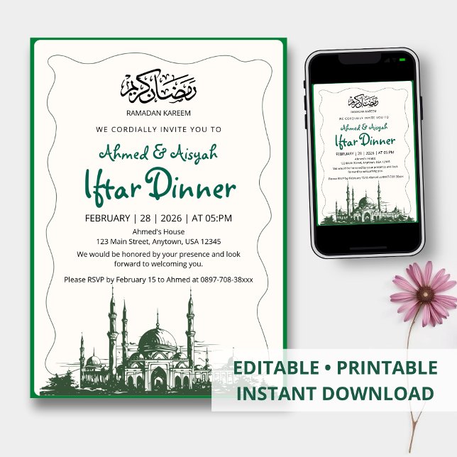 Invitation Dîner Iftar de la Mosquée Elegant Green Sketch (Créateur téléchargé)