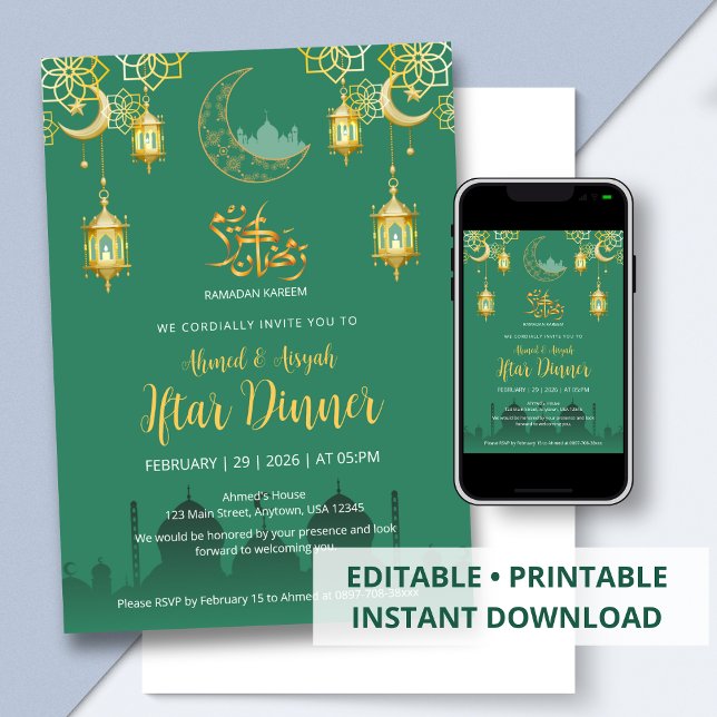 Invitation Dîner Iftar de mosquée de luxe vert émeraude et or (Créateur téléchargé)