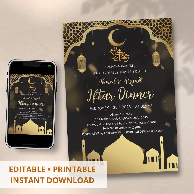 Invitation Dîner Iftar de mosquée noir et or de luxe (Créateur téléchargé)