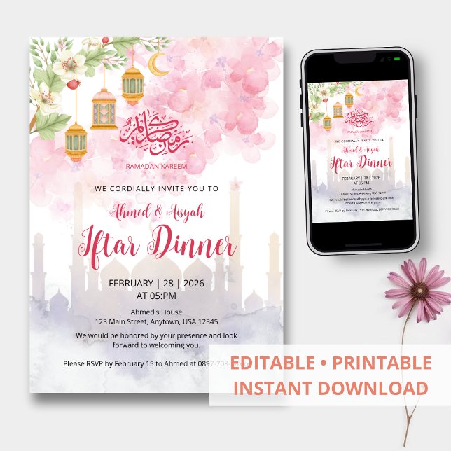 Invitation Dîner Iftar de Ramadan à fleurs roses aquarelle (Créateur téléchargé)